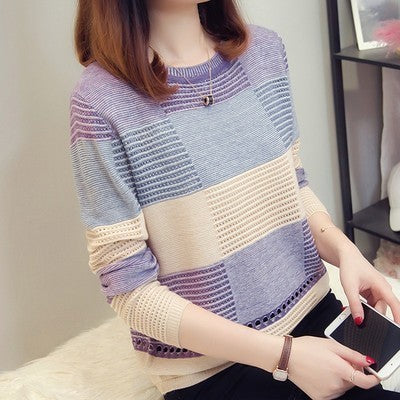 Stylish Style Color-Block Striped Long Sleeve Top