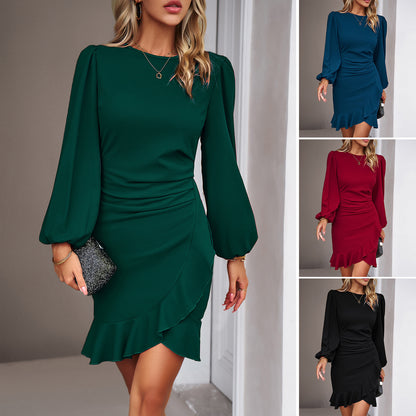 Women's Puff Sleeve Slim Fit Mid-Length Dress