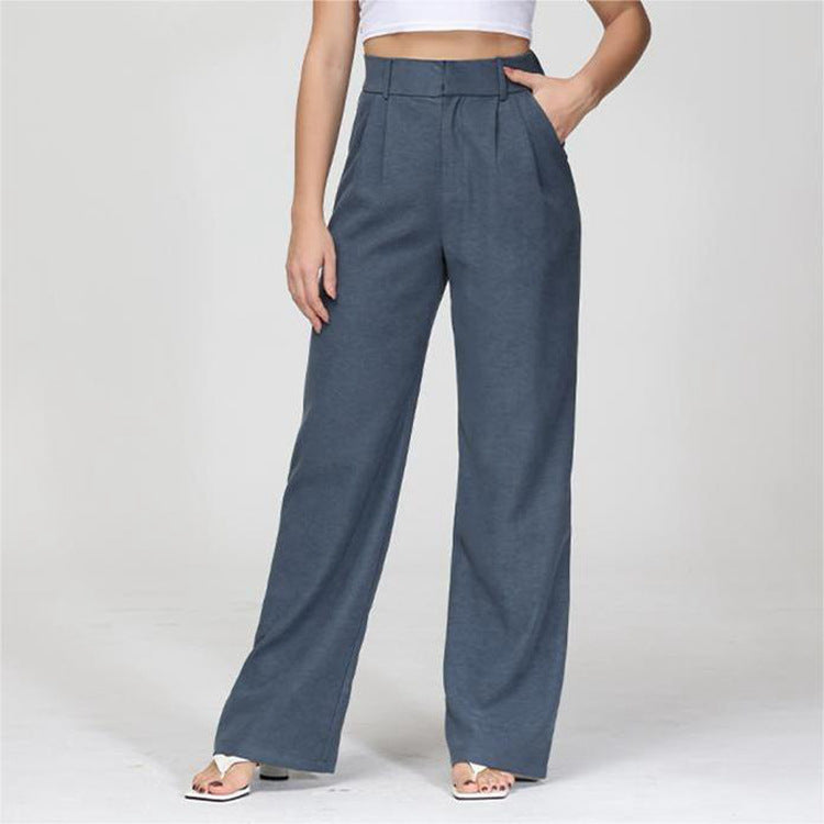 Women's High-Waisted Straight Trousers with Pockets - Wide-Leg Casual Pants