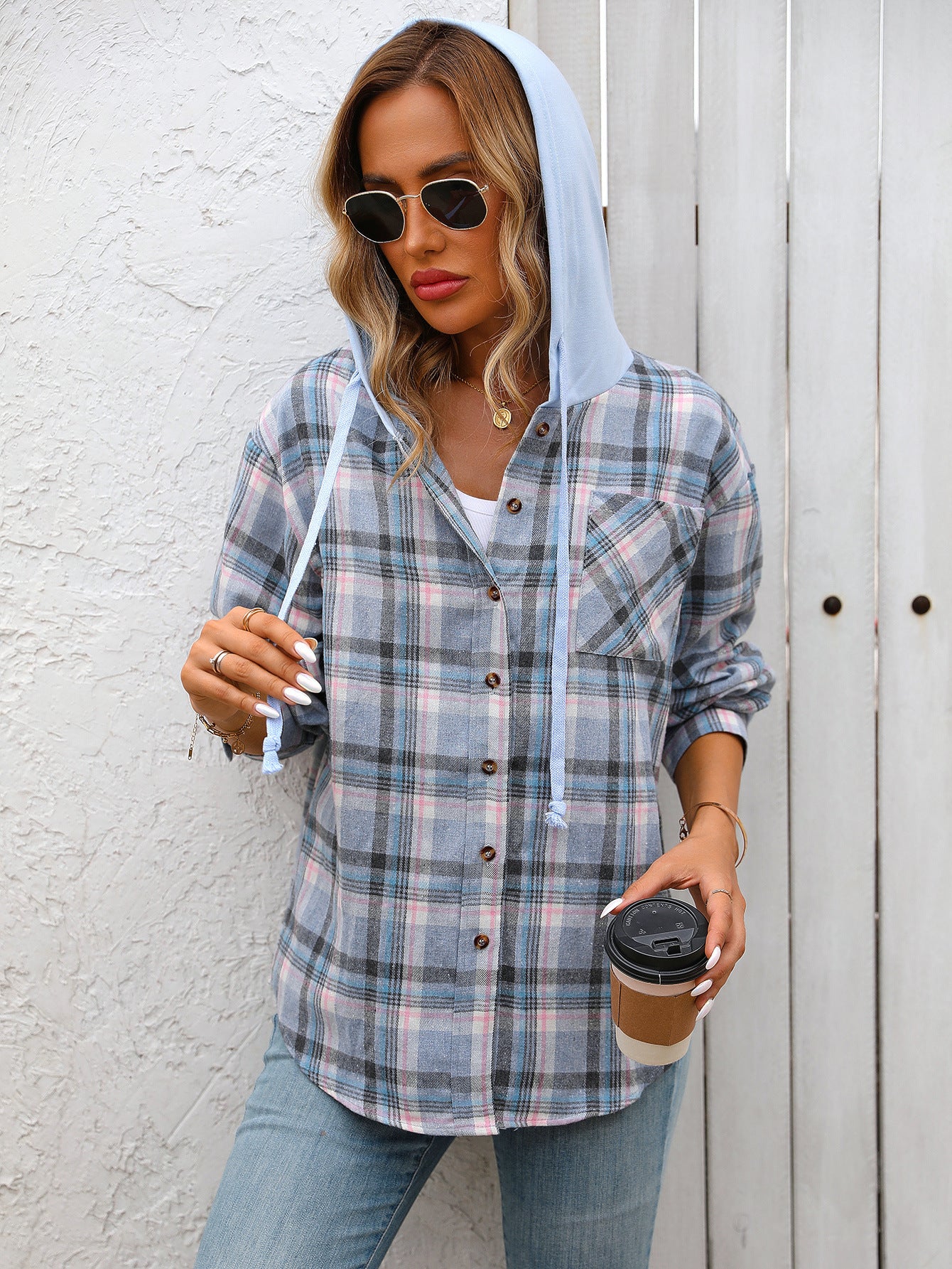 Women's Casual Hooded Plaid Shirt