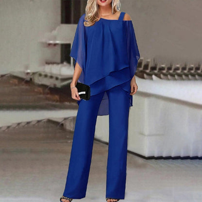 Batwing Sleeve Top & Straight Trousers Women's Irregular Suit