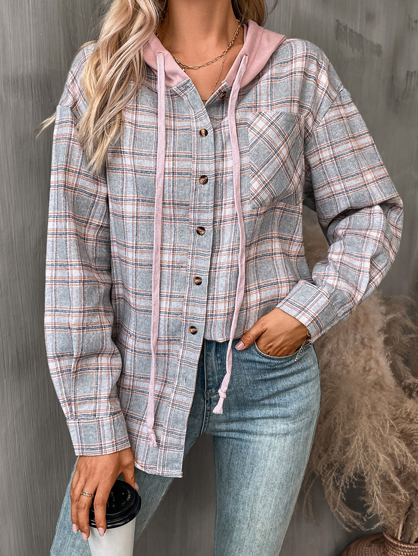 Women's Casual Hooded Plaid Shirt