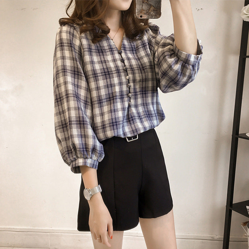 Loose Fit Lantern Sleeve Plaid Shirt