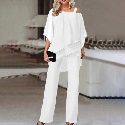 Batwing Sleeve Top & Straight Trousers Women's Irregular Suit