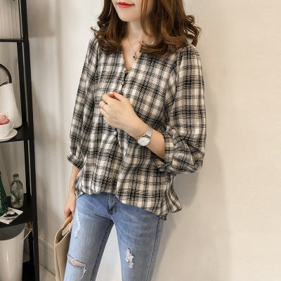 Loose Fit Lantern Sleeve Plaid Shirt