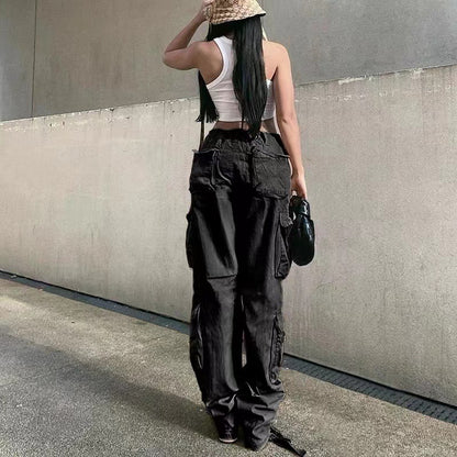 Women's Low-Waist Hip-Hop Cargo Pants with Pockets - Street Style Casual Overalls