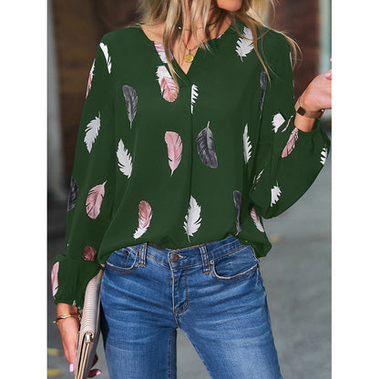 Feather Print Long Lantern Sleeve Top