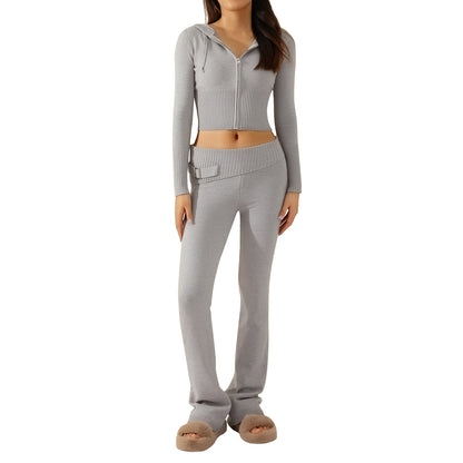 2-Piece Women's Hooded Knitted Cardigan & High-Waisted Trousers Set