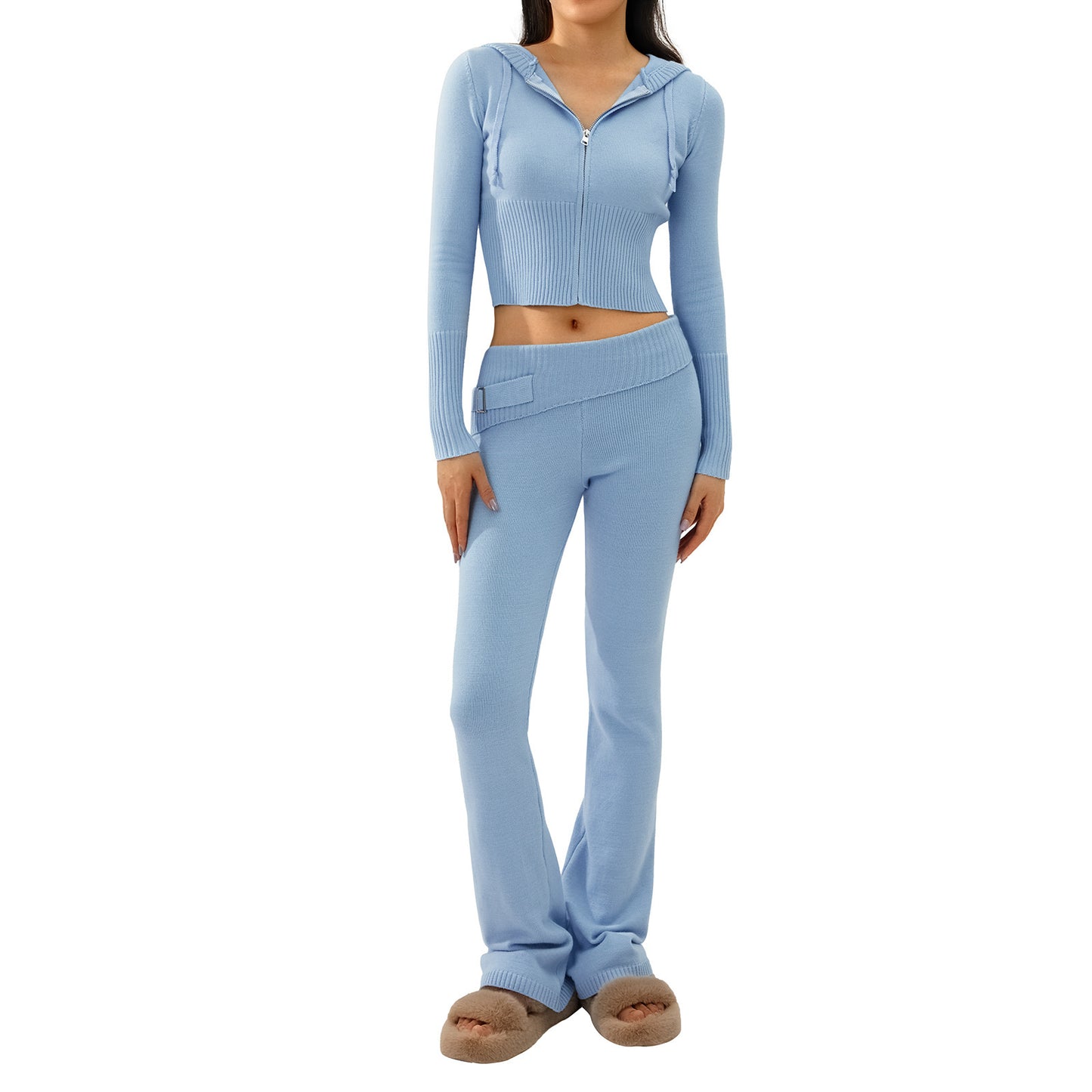 2-Piece Women's Hooded Knitted Cardigan & High-Waisted Trousers Set