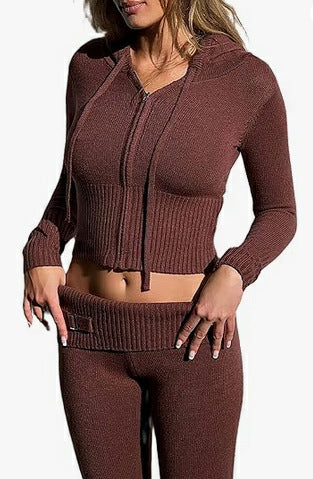 2-Piece Women's Hooded Knitted Cardigan & High-Waisted Trousers Set