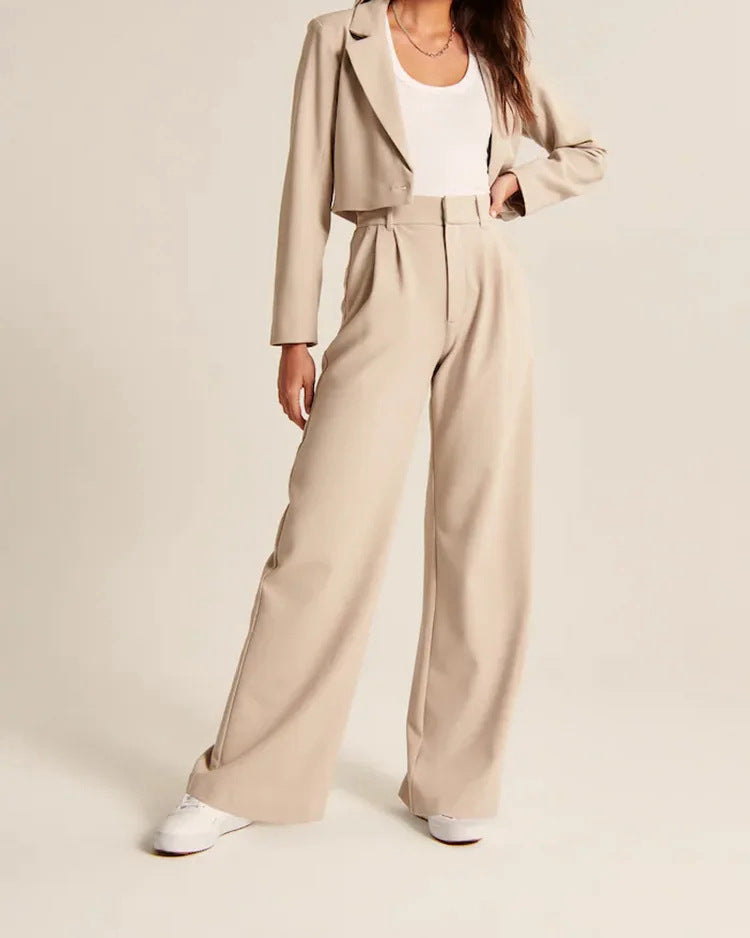 Women's High-Waisted Straight Trousers with Pockets - Wide-Leg Casual Pants