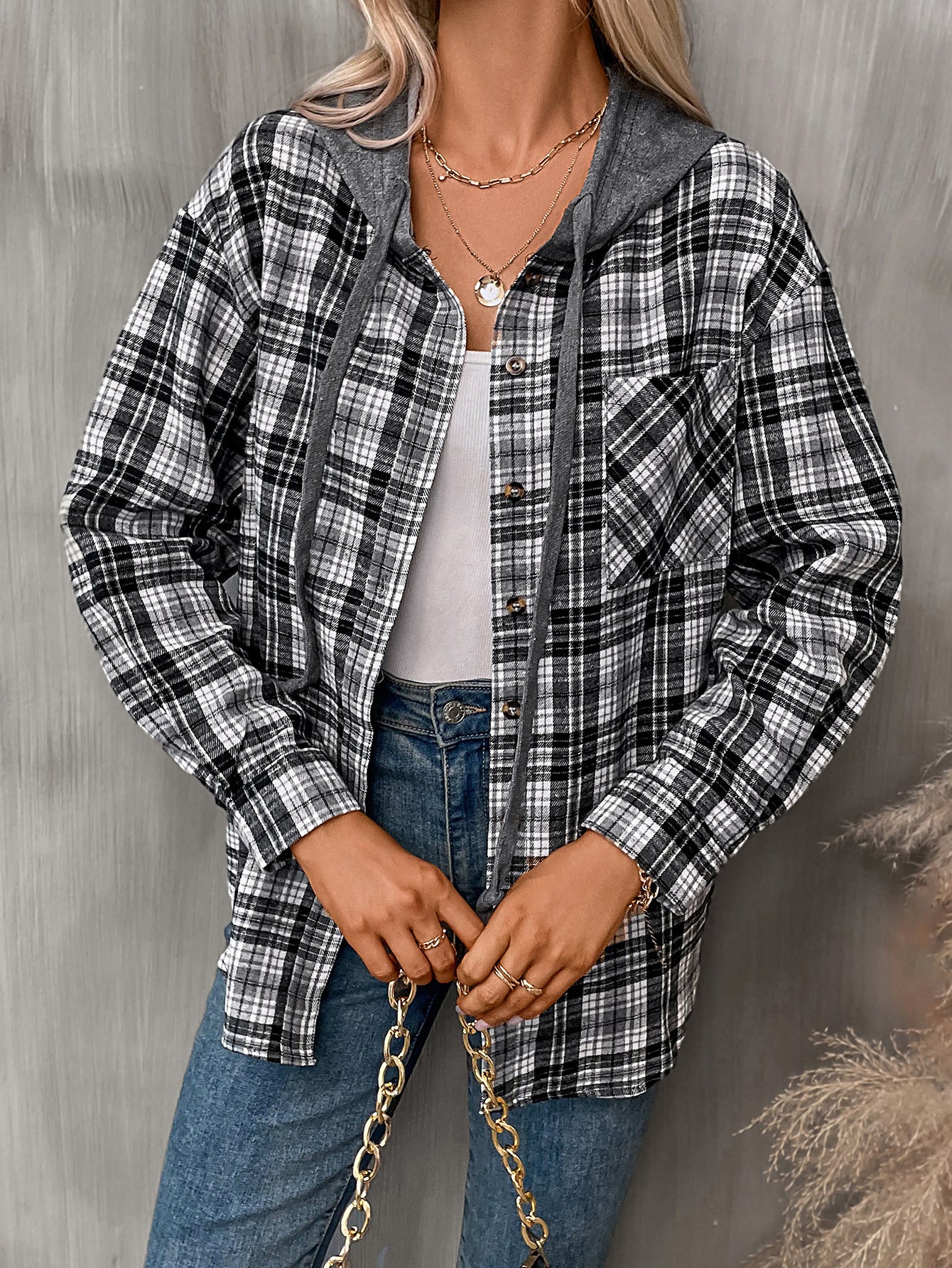 Women's Casual Hooded Plaid Shirt