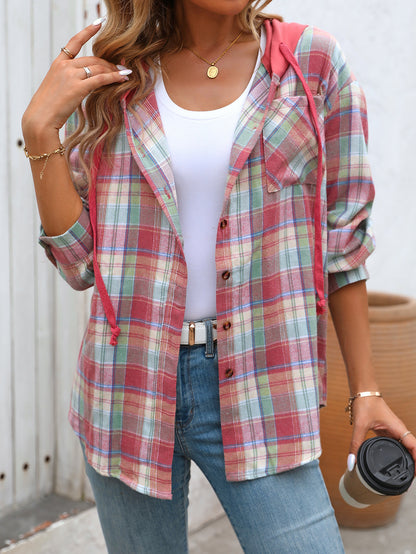 Women's Casual Hooded Plaid Shirt