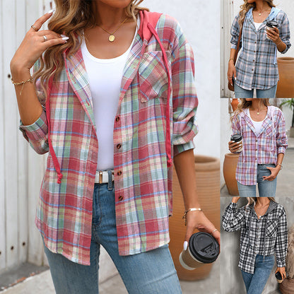 Women's Casual Hooded Plaid Shirt