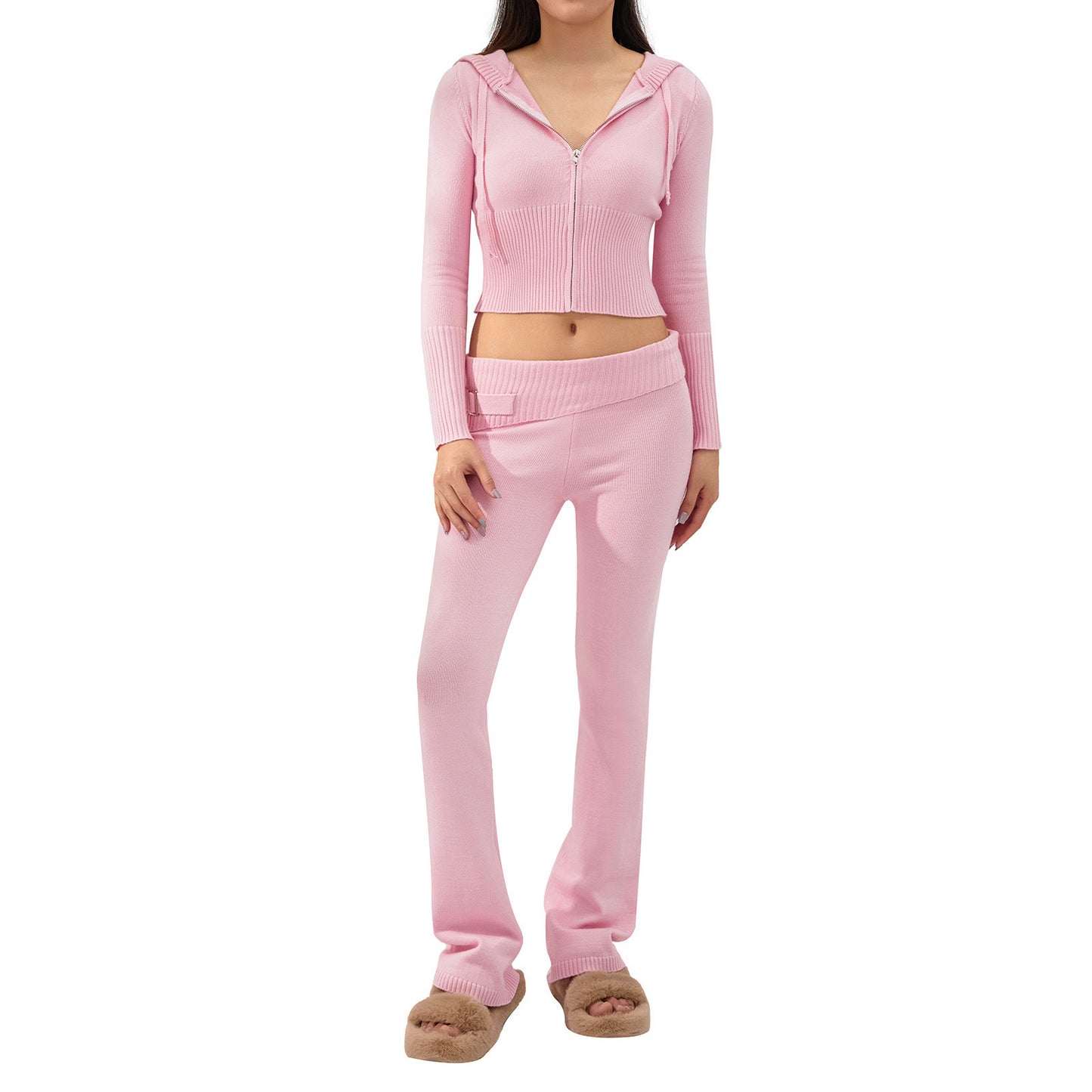 2-Piece Women's Hooded Knitted Cardigan & High-Waisted Trousers Set